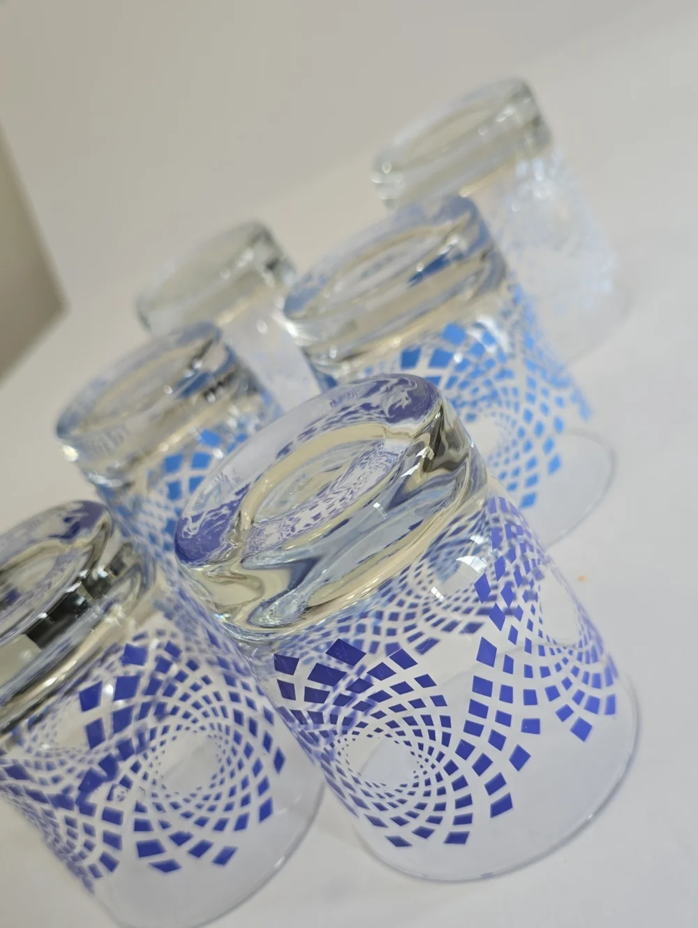 Vintage Ikea Set Of 6 Lowball Tumblers Whisky Glass Poland Blue White